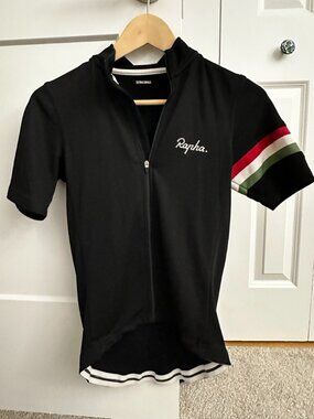 Rapha Women's Black Cycling Jersey with Red, White, and Green Sleeve Stripes
